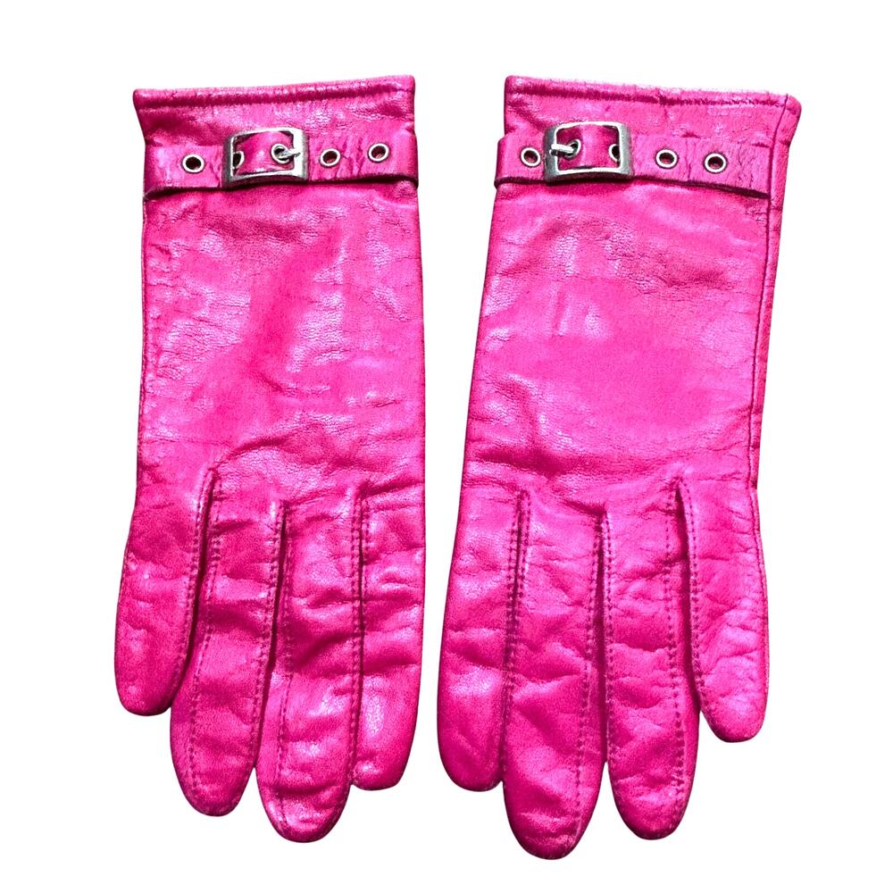 Ladies pink leather driving gloves silvertone faux buckle size M knit lining